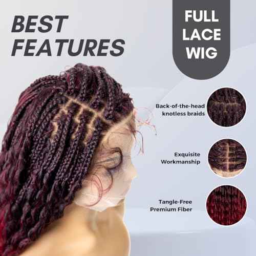 PIB Single Full Lace Braid Wig - Micro Boho Peruvian Deep Wave Box Braided, Knotless for Black Women, Curly Hair (#1B118 Off Black and Burgundy, 32" Small-Medium)