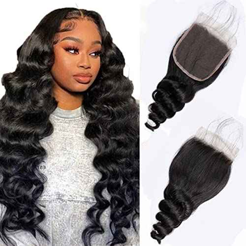 Brazilian Loose Wave 4x4 Lace Closure 100% Unprocessed Human Virgin Hair Pre Plucked Loose Deep Wave Pre-Plucked Hairline Frontal Closure Natural Black With Baby Hair (20inch, loose wave 4x4)