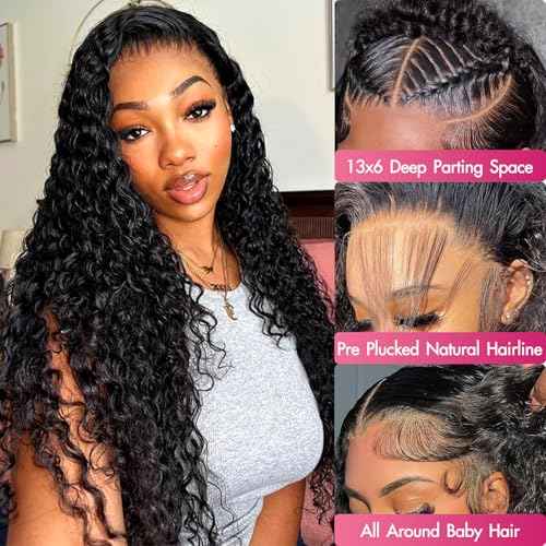 30 Inch Water Wave Lace Front Wigs Human Hair 13x6 HD Lace Frontal Wigs Pre Plucked Glueless Brazilian Curly Human Hair Wig 200 Density Glueless Frontal Wigs for Women