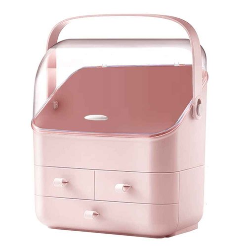 LINFIDITE Cosmetic Storage Box with Lid Waterproof&Dustproof Makeup Organizer Box Portable Handle,Large Makeup Display Case with Drawers Fully Open Lid,Great for Bathroom Countertop Bedroom Dresser