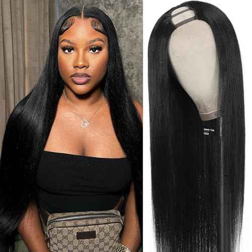 U Part Wigs Human Hair With Drawstring Straight U Part Wig For Women Easicontour Wear And Go Glueless Wigs Human Hair Beginner Friendly 200% Density Natural Color (22 Inch)