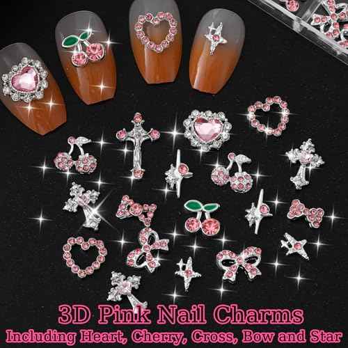 52PCS Pink and Silver Metal 3D Nail Charms Bulk, Bow, Heart, Cherry, Cross and Star Charms for Nails-Shiny Nail Rhinestones for Nail Art, Manicure, DIY Jewelry Making