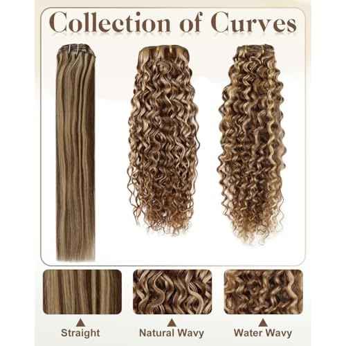 Hetto Thick Curly Clip in Hair Extensions Brown Highlight Blonde Curly Hair Extensions Water Wavy Human Hair Extensions 135g 18 Inch 7Pcs #P4/27