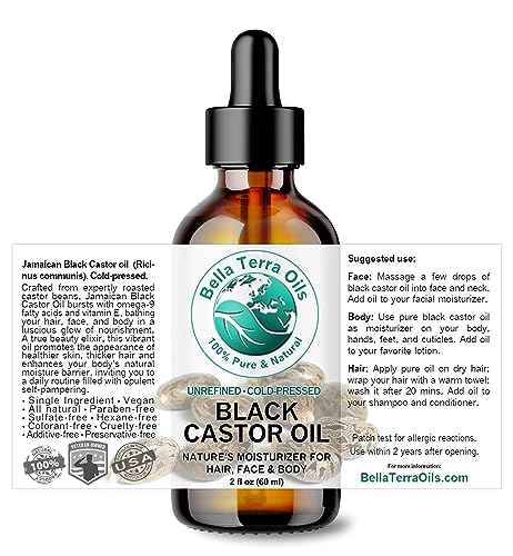 Bella Terra Oils - Black Castor Oil 2 oz - Cold-Pressed Elixir, Rich in Vitamin E & Fatty Acids, For Luxurious Skin Hydration