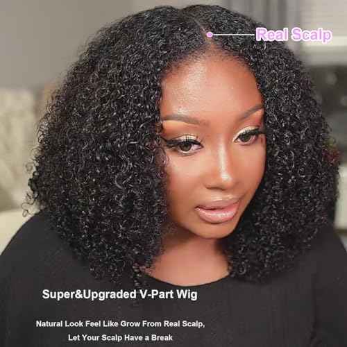 Domiso 22 Inch V Part Wig Human Hair Upgraded Afro Kinky Curly V Part Wigs Pre-Minimum Leave Out Anti Slip Elastic Band & Removable Clips Glueless Wigs 200% Density Half Wig Beginner Wigs
