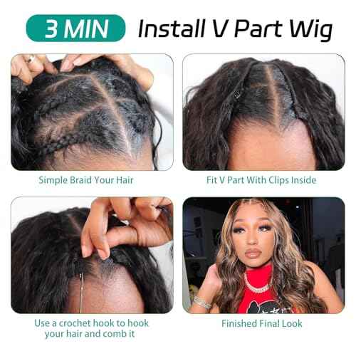 V Part Wig Human Hair Body Wave Glueless No Leave Out Upgrade 24 Inch U Part Wigs Human Hair Clip In Half Wigs 100% Real Human Hair Elastic Drawstring For Women 180% Density #1B/30
