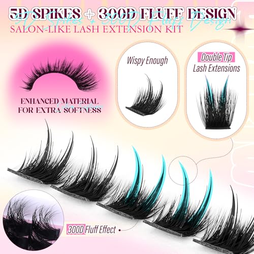 Fluffy Lash Clusters with Spikes Lash Extension Kit Volume Eyelash Clusters Kit Spikes Lash Clusters Kit 300D Wispy Eyelash Extension Kit 12-22mm Long Cluster Eyelash Extensions Kit