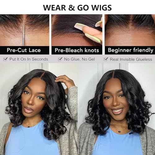 5x5 Glueless Wigs Human Hair Pre Plucked Body Wave Bob Wig Lace Front Human Hair Wigs for Black Women Ready to Wear for Beginners Pre Cut Lace Closure Wigs No Glue 16 Inch