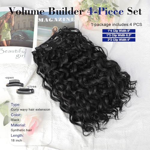 18 Inch Curly Wavy Clip in Hair Extensions 4PCS,QGZ Heat-Stylable Synthetic Lace Weft Extensions for Women, Black for Daily & Party Wear