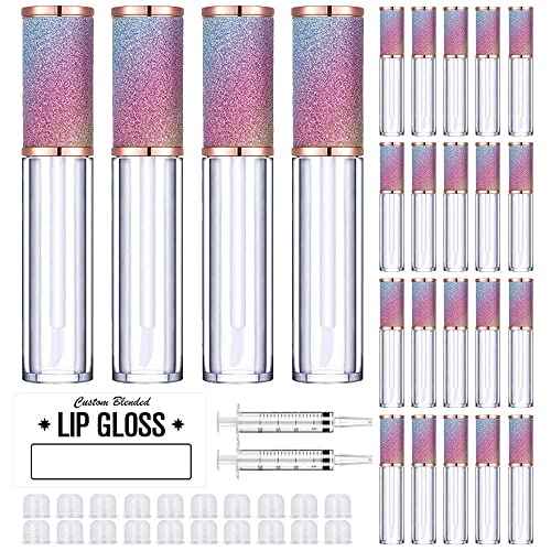 AMORIX 50 Pack Rainbow Lip Gloss Tubes 5ml Empty Containers Cute Bottles Supplies Kit + 3pcs Syringes + Labels for DIY Base