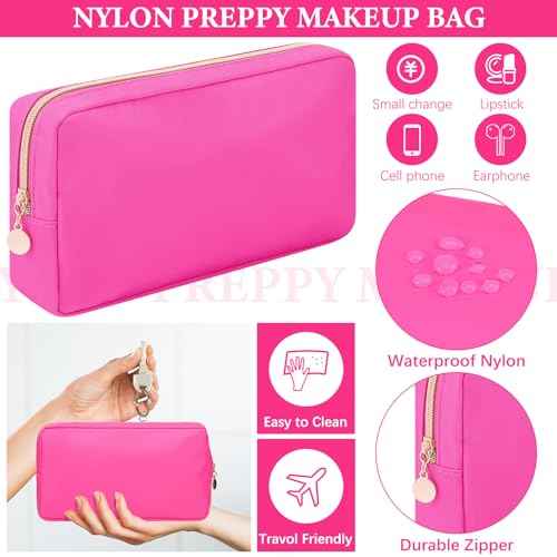 Hushee 4 Pcs Nylon Makeup Bag Preppy Zipper Pouch Waterproof Nylon Toiletry Storage Bag for Women(Small,Hot Pink)