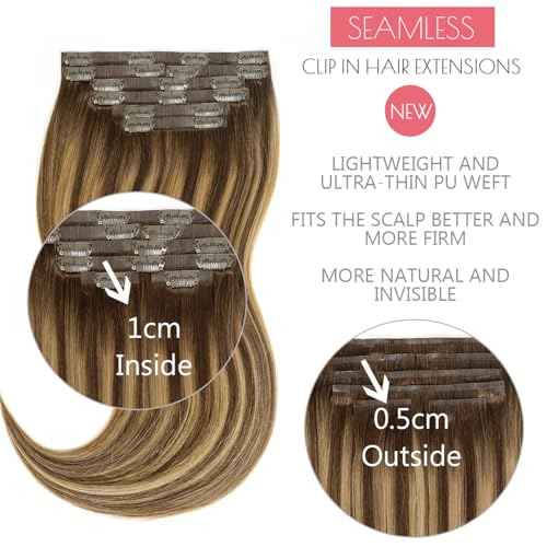 Loxxy Invisible Clip in Hair Extensions Real Human Hair Ombre Medium Brown to Caramel Blonde 16Inch 130G 7Pcs Thin Pu Weft Seamless Hair Extensions Clip in Thick Remy Hair Silky Straight