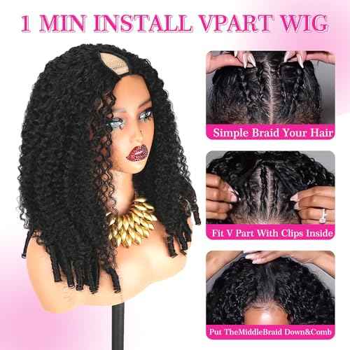 Ainmeys V Part Wigs Human Hair With Drawstring Burmese Curly Human Hair wigs Ready To Go Glueless Wigs Upgrade U Part Wigs Glueless Full Head Clip In Half Wigs With Spiral End (20inch