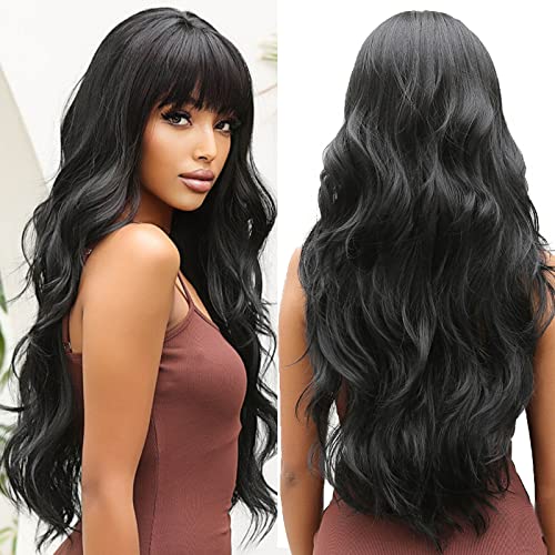 OUFEI Long Wavy Brack Wigs for Women Natural Synthetic Hair Heat Resistant Wigs for Daily Party Cosplay Wear-28 Inches