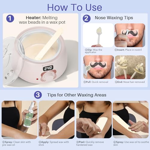 BLITZWAX Hair Removal Hard Wax Beads Unscented 1.3lb Waxing Beans Kit with 30 Nose Waxing Sticks for Sensitive Skin, Face, Back, Body, Brazilian and Coarse Hair, Home Wax Pearls for Men Women, White