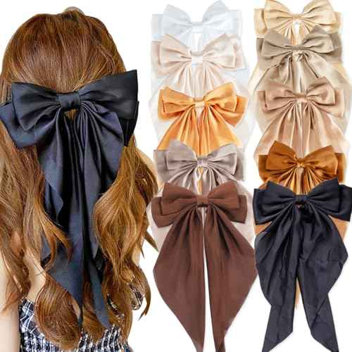 10 PCS Large Hair Bows Ribbon Bow for Women,Hair Bows for Womens,Oversized Long-tail Cute Aesthetic Hair Accessories,Large Hair Barrettes for Women,Big Bows for Girls£¨Warm brown