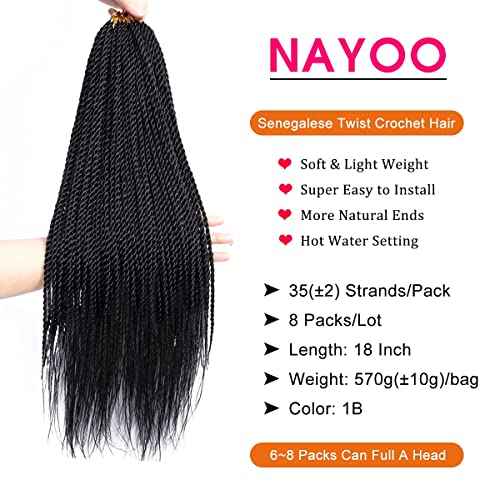 NAYOO Senegalese Twist Crochet Hair For Black Women - 8 Packs 35 Strands/Pack Small Twist Crochet Braids Hair Hot Water Setting, Crochet Braiding Hair Straight Ends(18 Inch, 1B)