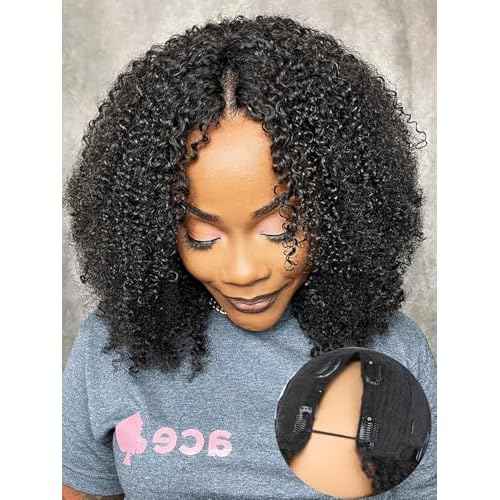 ISEE V Part Human Hair Kinky Curly Minimal/No Leave Out Upgrade U Part Wig for Black Women Human Hair V Shape Wig Kinky Curly Thin Part Glueless Clip In Half Wig 180% Density Natural Color 18 Inch