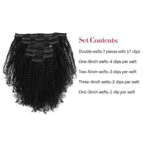 Sassina Remi Human Hair Afro Coily Clip in Extensions 4B 4C Double Wefts For Black Women Natural Color Clip in Hair Extensions 7Pcs per Set With 17 Clips 20 Inch 120 Grams