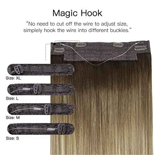 HOTBANANA Walnut Brown to Ash Brown and Bleach Blonde Fish Line Real Human Hair Straight Invisible Wire Remy Hair Extensions, 18 inch 95g