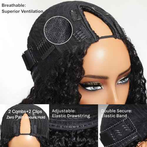 UNICE Kinky Straight V Part Wigs Human Hair for Women Glueless Upgrade U Part Wigs Machine Made Clips in V Part Wig No Leave Out Real Scalp Beginner Friendly Natural Color 150% Density 16 Inch