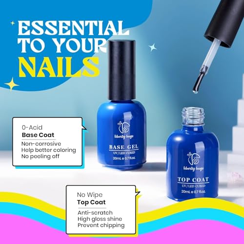 LIBERTY BUGS Gel Base and Top Coat Set 40ml,Base Coat Gel Polish+No Wipe Top Coat Gel Nail Polish,20ml Each,Self-Leveling&Long-Lasting,UV Nail Polish Gel LED Nail Lamp Cured,Soak off Removal