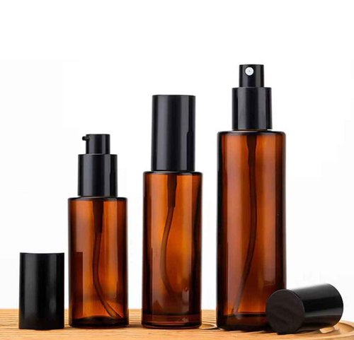 TOPWEL 2PCS 120ml/4oz Empty Refillable Amber Glass Lotion Pump Press Bottles Soap Dispensers Containers Jars with Black Cap for Foundation Cream Makeup Removel Oil Shampoo (Pack of 2)