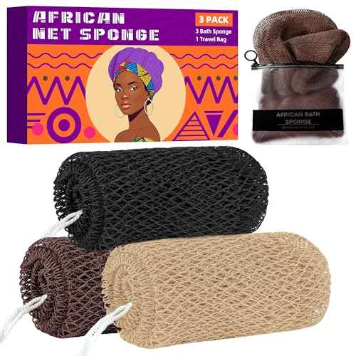 African Net Sponge Authentic, 3 Pieces Exfoliating Scrubber Bath Sponge for All Skin Types, Back Scrubber Loofah Washcloth for Shower, Gentle Exfoliation (Linen,Brown,Black)