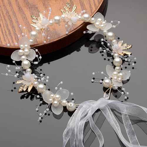 Flower Girl Headpiece, Bridal Headband,Flower Girl Hair Accessories, Princess Crystal Pearl Hair Accessories, Suitable for Teenage Girls and Women £¨White£©
