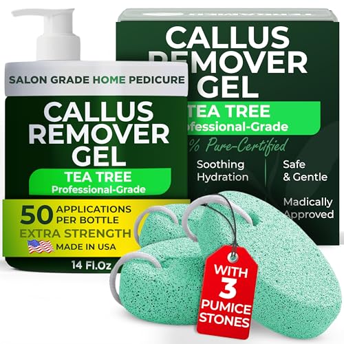 14 Oz Callus Remover Gel+ 3 Free Pumice Stones| Callus Remover For Feet | Tea Tree Professional Grade Foot Exfoliant for Cracked Heels & Dry Feet | Instant Results & Soothing Hydration