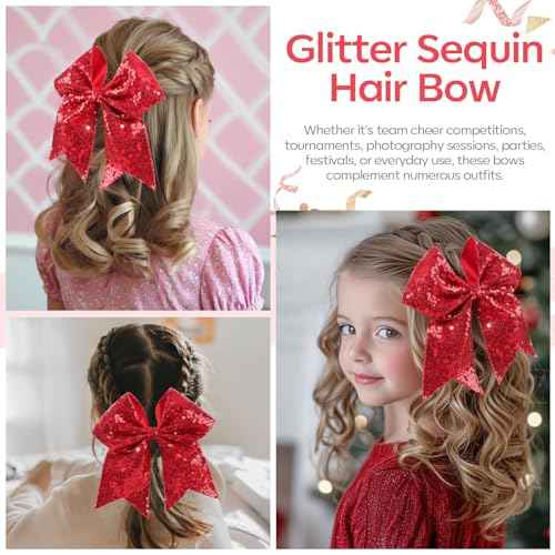 OAOLEER 2PCS Glitter Cheer Hair Bow Clips for Girls, 7 inch Red Sequin Large Hair Bows Hair Accessories for Girls Teen Softball Cheerleader (Red)