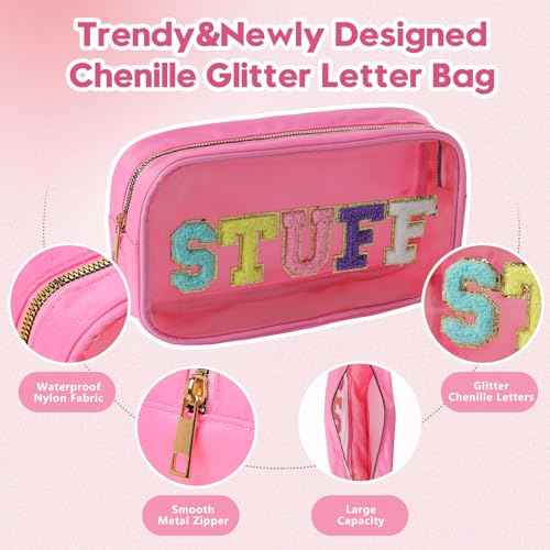 Swim Chenille Letter Makeup Bag,Waterproof Cute Women Clear Cosmetic Bags Sunscreen Organizer for Beach Pool Swimming Team Swimmers,Travel Toiletry SPF Zipper Pouches for Teen Girls (PINK-SWIM)