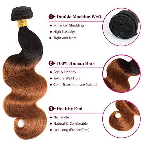 Ombre Human Hair Bundles with Closure Body Wave 3 Bundles 1B/30 Brazilian Virgin Human Hair Two-tone Dark Root with 4x4 Lace Closure(T1B/30, 18 20 22 +16)