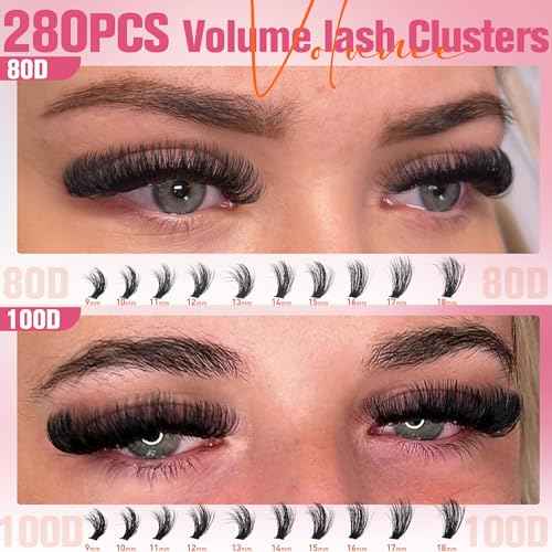 EYDEVRO Lash Clusters 80D100D Volume Eyelash Clusters 280 Pcs Left/Right Individual Lashes D Curvature Thick Cluster Lashes Cluster Eyelash Extensions DIY Lash Extensions at Home