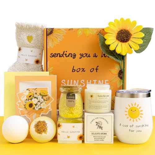 Birthday Gifts for Women, 9 PCS Sunflower Package with Tumbler and Bath Bombs, Relaxing Spa Self Care Gifts Basket for After Surgery, Get Well Gifts for Women, Thinking of You Gifts for Her