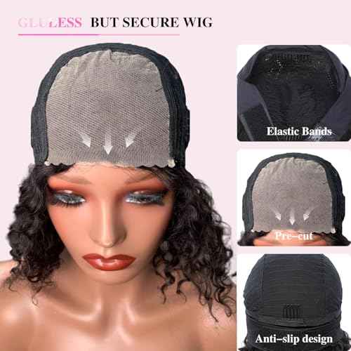 Bob Wig Human Hair Glueless Wigs Human Hair Pre Plucked Pre Cut 5x5 Short Curly Human Hair Wig For Black Women 180 Density Deep Wave Closure Wigs Human Hair 14 Inches Natural Black