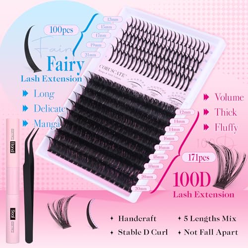 Lash Clusters Kit 100D Long Lash Spikes Lash Extension Kit Thick Eyelash Clusters Volume Individual Lashes Kit Mega Cluster Eyelash Extensions Strip Lashes DIY Spiky Lash Bond and Seal by CORUSCATE