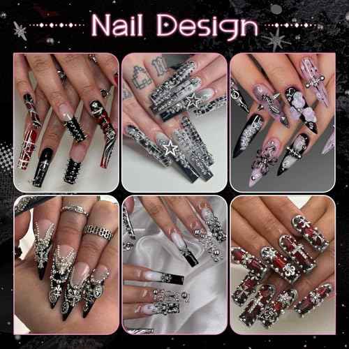 3D Mini Punk Nail Studs Cone Spike Alloy Rivets (Black+Silver), Flatback Nail Pearls and Round Steel Balls Beads(Silver), Goth Nail Charms and Gems for Nail Accessories