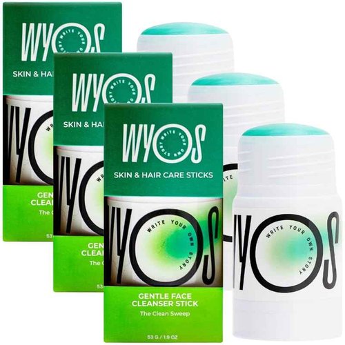 WYOS Face Cleanser- Gentle Glycerin Formula Cleanses Skin Without Striping, Caffeine Energizes Skin, Derm Tested for Sensitive Skin, Travel Cleanser, Solid Stick, Leak Free, 3 Pack
