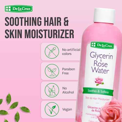 De La Cruz Rose Water and Glycerin for Face - Rosewater Facial Toner and Moisturizer for Skin and Hair 8 fl oz (236 mL) - 12 Bottles