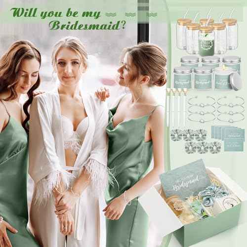 60 Pcs Bridesmaid Proposal Gifts Bridesmaid Box Set, Maid of Honor Gifts Include Box Glass Cup Candle Cards Scrunchies Hair Knotted Bracelets Hand Cream Diamond Pens(Green)