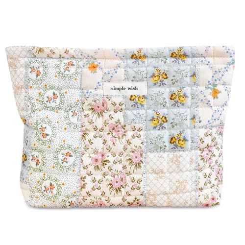 STARDW Cute Cotton Quilted Makeup Bag Cosmetic Bags for Women and Girls,Travel Toiletry Bag Floral Makeup Zipper Pouch, Purse Organizer Pouches,Canvas Lining (Cotton Floral)