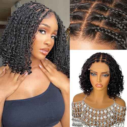 Smavida Short Deep Curly Bob Boho Braid Human Hair Wigs 10 Inch 180% Density Glueless 5X5 HD Lace Closure Box Braid Wigs Pre Plucked with Baby Hair Nature Black Curly Knotless Braided Wig for Women