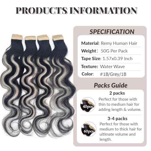 Tape in Hair Extensions Human Hair 24 Inch Body Wave Black Hair Balayage Silver Grey Highlights Hair Extensions Real Human Hair Tape ins for Black Women 20 PCS Double Sided Tape Hair Extension 50G