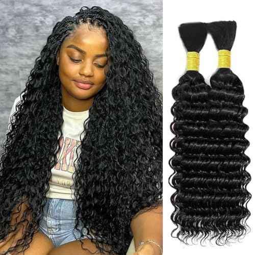 Human Braiding Hair for Boho Braids Deep Wave Bulk Human Hair Brazilian Virgin Curly Human Hair Extension Wet and Wavy Micro Human hair Braiding Hair 2 Bundles/Pack 100g(Natural Black,26inch)