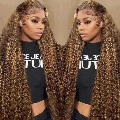 ITODAY 28 Inch Highlight Ombre Lace Front Wig Human Hair 13x6 HD Honey Blonde 4/27 Deep Wave Jerry Curly Lace Frontal Wigs Glueless Wigs Human Hair