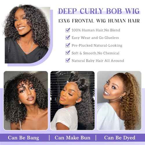 Bob Wig Human Hair 13x6 Lace Frontal Deep Curly Wave, 200 Density Short Wigs for Black Women, Pre Plucked with Baby Hair Natural Hairline Easy to Style (18 Inch)