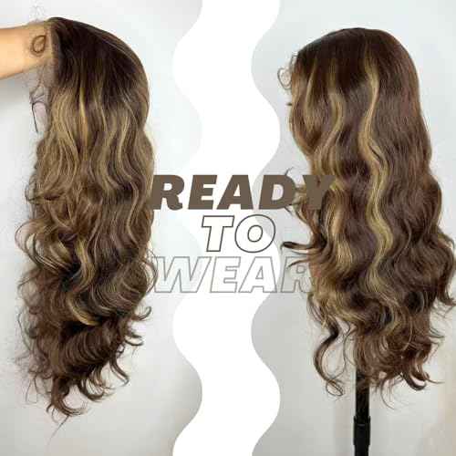 Ombre Brown Highlight Lace Front Wigs 13X6 Body Wave Synthetic Lace Front Wig For Black Women Highlight Wavy Wigs HD Glueless Lace Frontal Wigs Free Part Ready To Wear Wig
