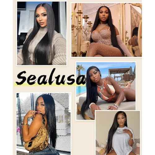 Sealusa Straight Wigs Human Hair 100 Percent Human Hair Wig 200% Density 13x6 Lace Front Wigs No Tangle Shedding Silky Soft Smooth Glueless HD Frontal Wigs Natural Black Invisilbe Hairline 24 Inch