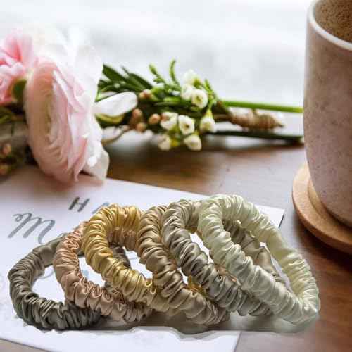 6 Pcs Set 100% Pure Mulberry Silk Scrunchies Hair Ties with 6 Chic Colors Everyday Skinny Scrunchies Silk Ponytail Holders Hair Care No Damage (Champagne)
